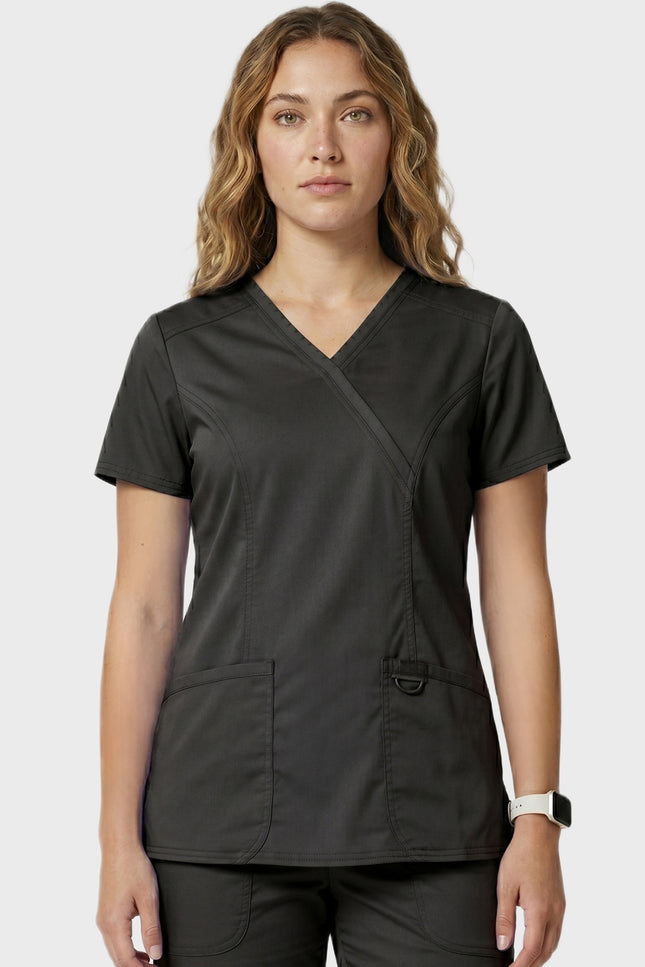 HeedFit Women's Shaped 3-Pocket Performance Stretch Mock Wrap Scrub Top