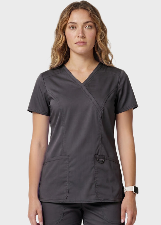 HeedFit Women's Shaped 3-Pocket Performance Stretch Mock Wrap Scrub Top