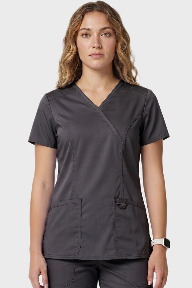 HeedFit Women's Shaped 3-Pocket Performance Stretch Mock Wrap Scrub Top