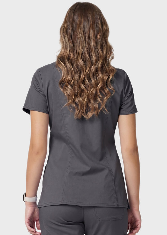 HeedFit Women's Shaped 3-Pocket Performance Stretch Mock Wrap Scrub Top