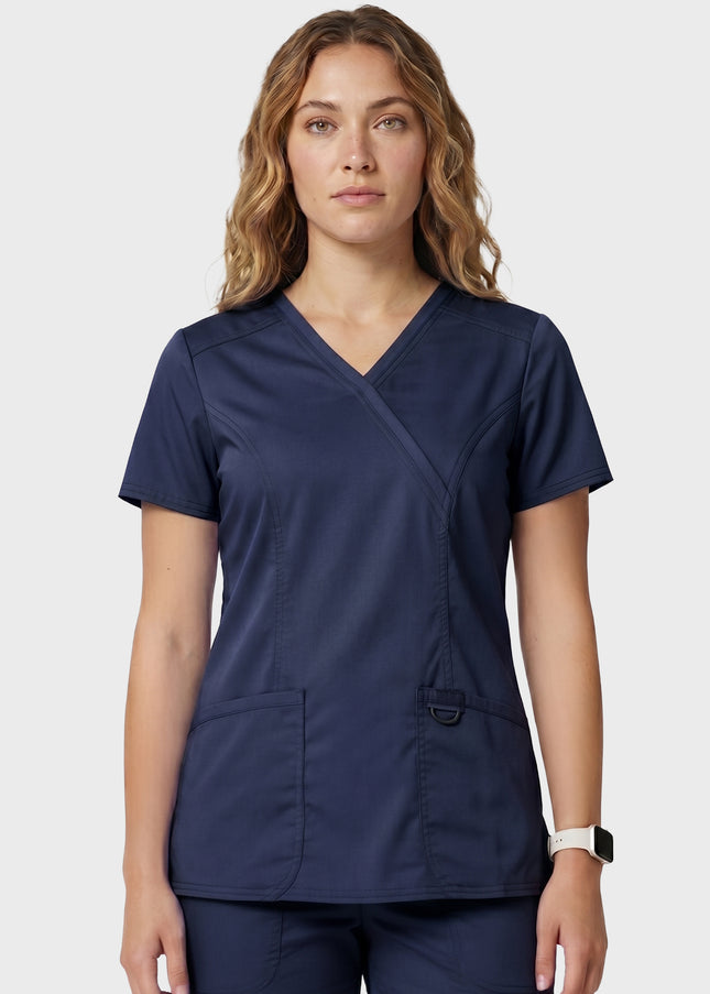 HeedFit Women's Shaped 3-Pocket Mock Wrap Scrub Top