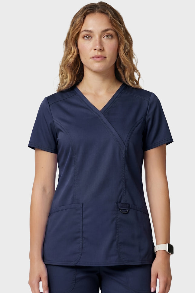 HeedFit Women's Shaped 3-Pocket Performance Stretch Mock Wrap Scrub Top