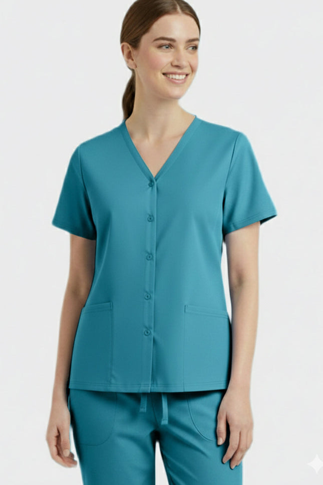 Panda Uniform Unisex Two Pocket Button Front Solid Nursing Scrub Top - Made In USA
